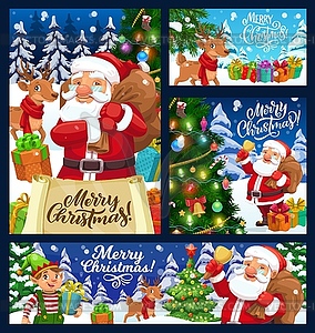 Xmas banners of Santa, elf and reindeer with gifts - royalty-free vector image