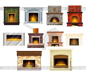 Home fireplaces with fire set, interior design - vector clipart