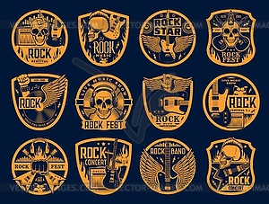 Hard rock music icons skull and guitar set - vector image