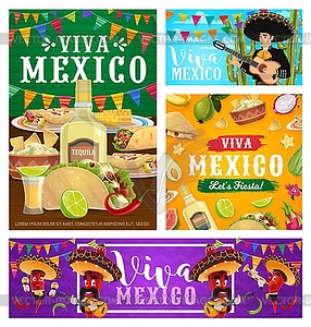 Viva Mexico banners of fiesta party food and drink - color vector clipart