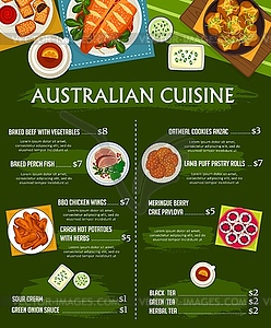 Australian cuisine menu template, meals - vector clipart