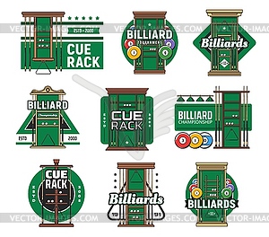 Billiard cue rack icons, pool and snooker sport - vector image