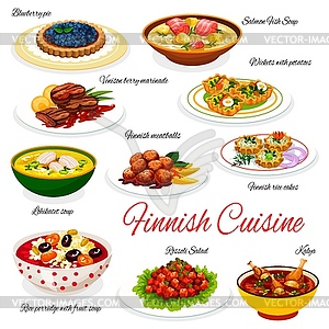 Finnish cuisine fish dishes with meat, vegetables - vector clipart