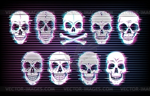 Glitch skulls distorted neon glow craniums - vector image