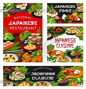 Japanese cuisine rice, fish, meat, vegetable dish - vector image