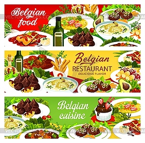 Блюдо меню бельгийской кухни, баннеры ресторана - цветной векторный клипарт