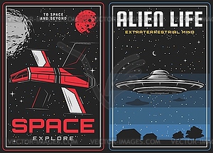 Outer space exploration, alien life contact banner - vector clip art