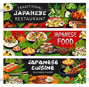 Japanese restaurant food with Asian dishes banners - vector image