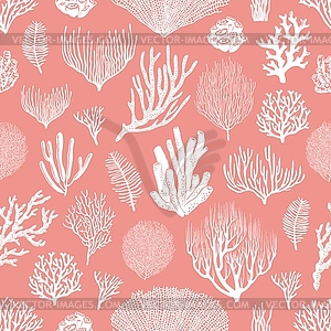 Corals and algae seamless pattern, pink background - vector image