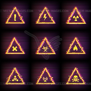 Hazard warning signs with digital glitch effect - vector clipart