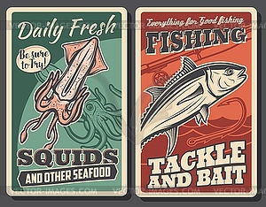 Fresh seafood, fisher tackle store poster - vector image