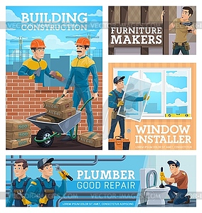 Construction workmen, house repair handyman poster - vector clipart