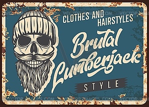 Lumberjack skull, beard, metal rusty plate retro - vector clip art