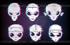 Alien faces or heads with digital glitch effects - vector clipart