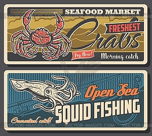 Fresh crabs and sea squid retro banners - vector clipart