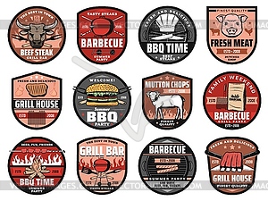 Barbecue party, grill bar, picnic hamburgers icons - vector clip art