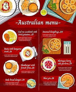 Australian food cuisine menu, restaurant dishes - vector image