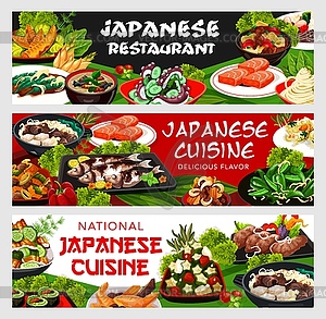 Japanese cuisine food banners, asian meals - vector clipart