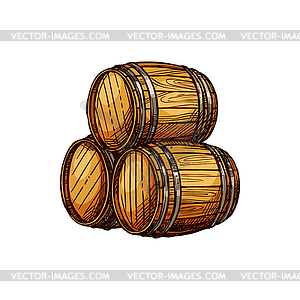 Oak kegs with wine or beer barrels sketch - vector image