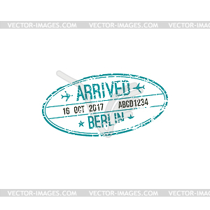 Berlin airport oval arrival stamp, plane and date - vector image