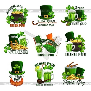 St Patricks Day holiday icons of Irish pub party - royalty-free vector image