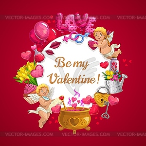 Будь моим Валентином, люби сердца и купидонов ангелов - изображение в векторном формате