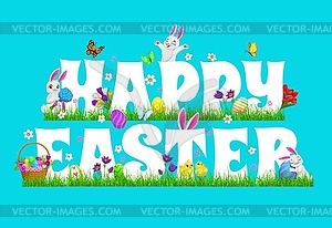 Счастливой Пасхи плакат с мультяшными кроликами - векторный клипарт / векторное изображение