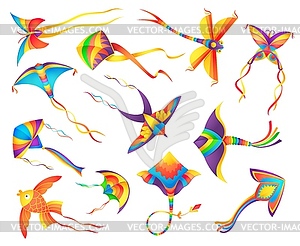 Flying paper kites decorated color ribbons - vector image