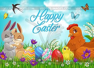 Easter bunnies and chicks with eggs - royalty-free vector image