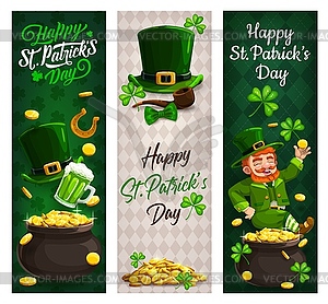 Patricks Day Irish leprechaun gold, clover banners - vector image