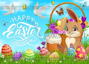 Happy Easter holiday poster with bunny and basket - vector EPS clipart