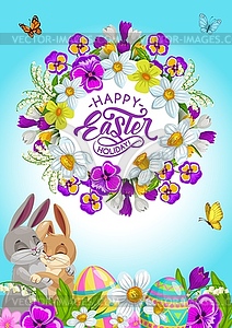 Easter eggs, bunnies and holiday flower wreath - vector clip art