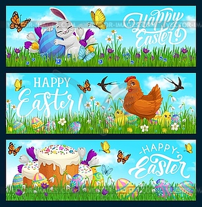 Happy Easter bunny, hen with chicks, eggs - royalty-free vector image