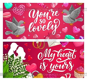 Баннеры Дня святого Валентина, подарки к празднику любви, сердца - рисунок в векторе