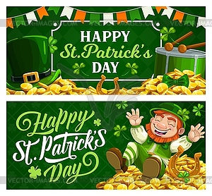 St. Patrick Day cartoon banners with leprechaun - vector clipart