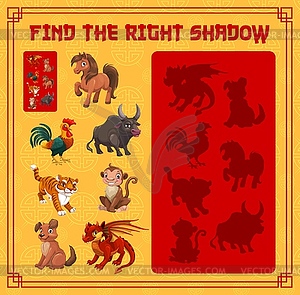 Child find shadow game with Chinese zodiac animals - vector EPS clipart