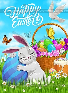 Happy Easter poster, bunny hug painted egg - vector image