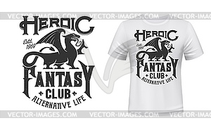 Dragon t-shirt print mockup, fantasy club emblem - vector image