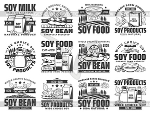 Natural soybean food products engraved icons set - vector clip art