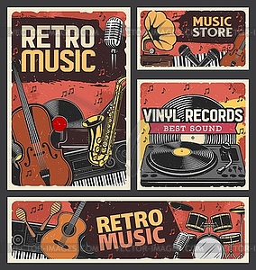 Retro music, music store and vinyl records banner - vector image