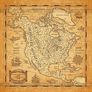 North America continent ancient map on old paper - vector clip art