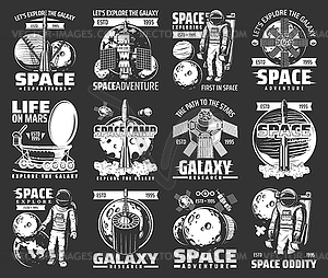 Outer space explore monochrome icons set - vector image