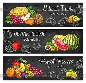 Natural fresh fruits sketch banners set - vector image