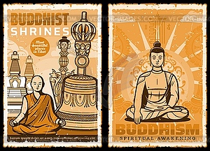 Buddhist shrines posters with Buddha or Tibet monk - vector clip art