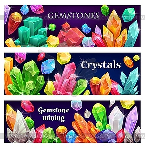 Precious crystals and gems, jewelry banners - vector image