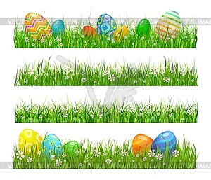 Пасха зеленая трава с яйцами, цветами - векторное изображение EPS