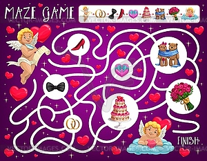 Valentine day maze with amours, wedding attributes - vector clipart