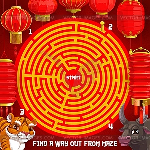 New Year puzzle riddle, holiday maze for kids - vector image