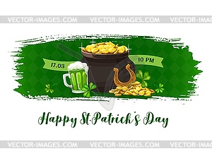 Happy Patricks Day banner with golden pot - vector EPS clipart