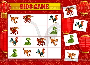 Child riddle, rebus with Chinese New Year animals - vector image